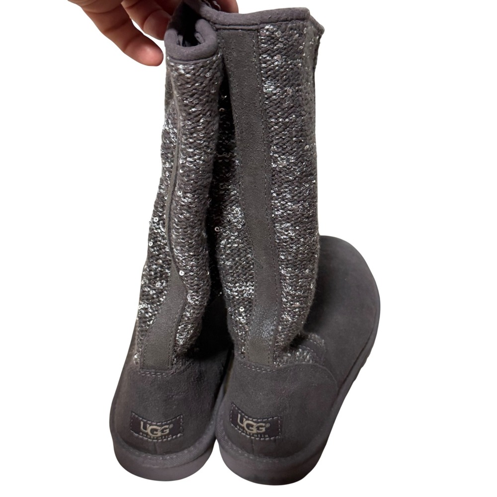 UGG Australia Gray Sequin Knit Suede Mid Calf Boots Metallic Silver Accent